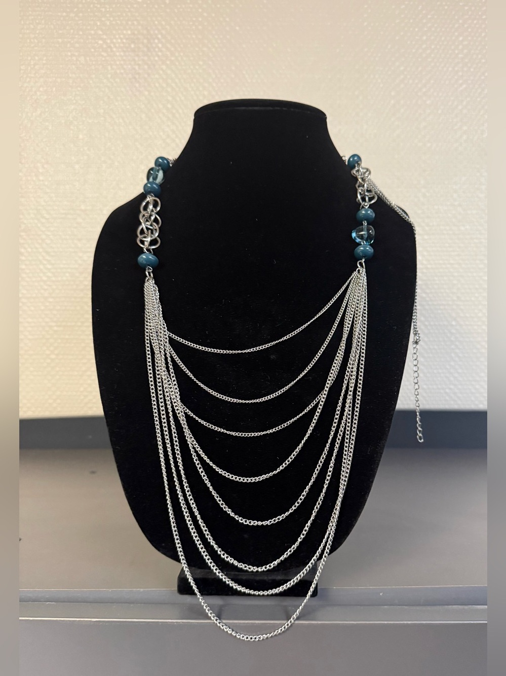 Silver Multi-Strand Chain 40” Necklace with Blue/Teal Beads